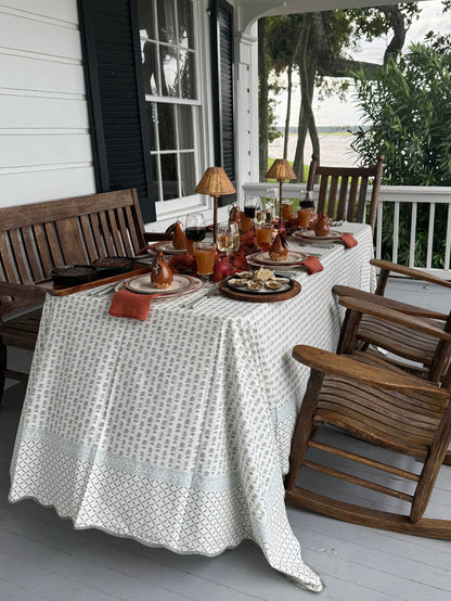 Claire Serene Block-Printed Cotton Tablecloth — pattern and display detail