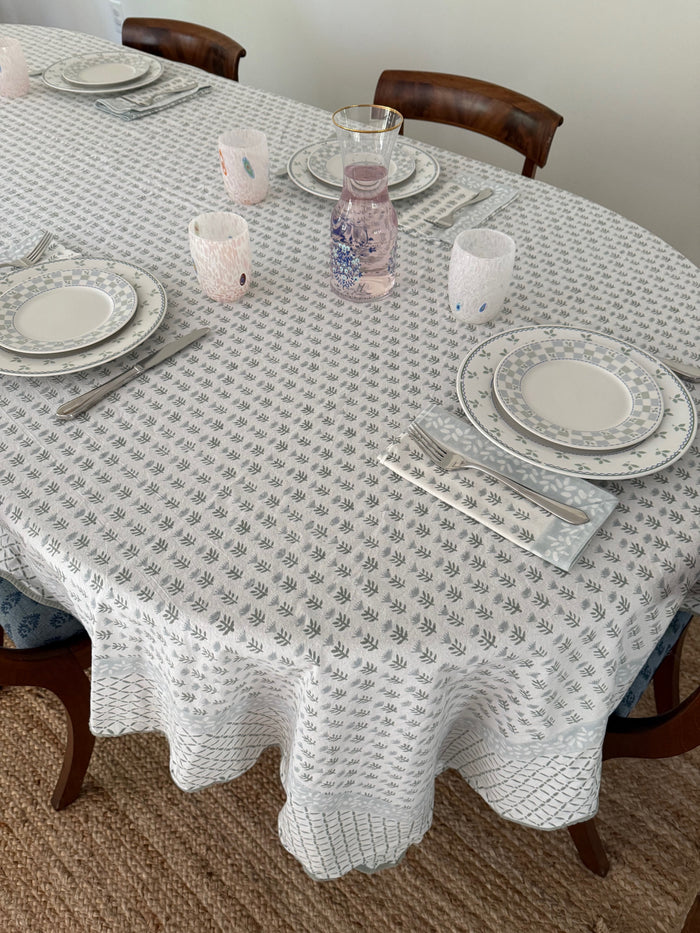 Claire Serene Block-Printed Cotton Tablecloth — pattern and display detail