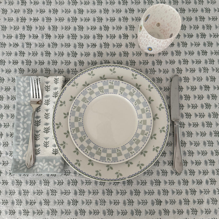 Claire Serene Block-Printed Cotton Tablecloth — pattern and display detail