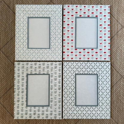 Claire Serene Block-Printed Picture Frame - 5 × 7 in. Photo — coordinating picture frames shown together; art is for styling