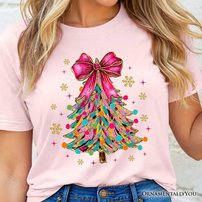Colorful Glitter Christmas Tree Pink Bow T-Shirt, Pink Bow Coquette Holiday Tee T-Shirts OrnamentallyYou