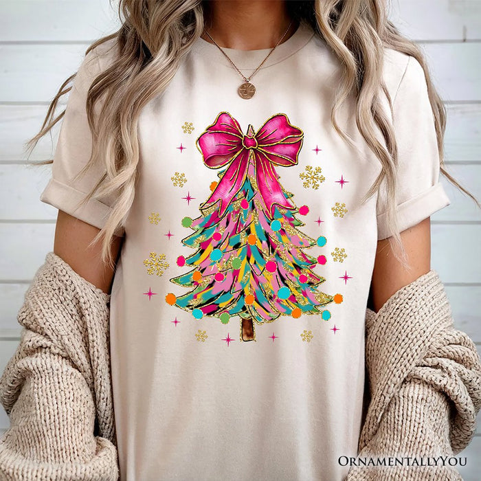 Colorful Glitter Christmas Tree Pink Bow T-Shirt, Pink Bow Coquette Holiday Tee T-Shirts OrnamentallyYou