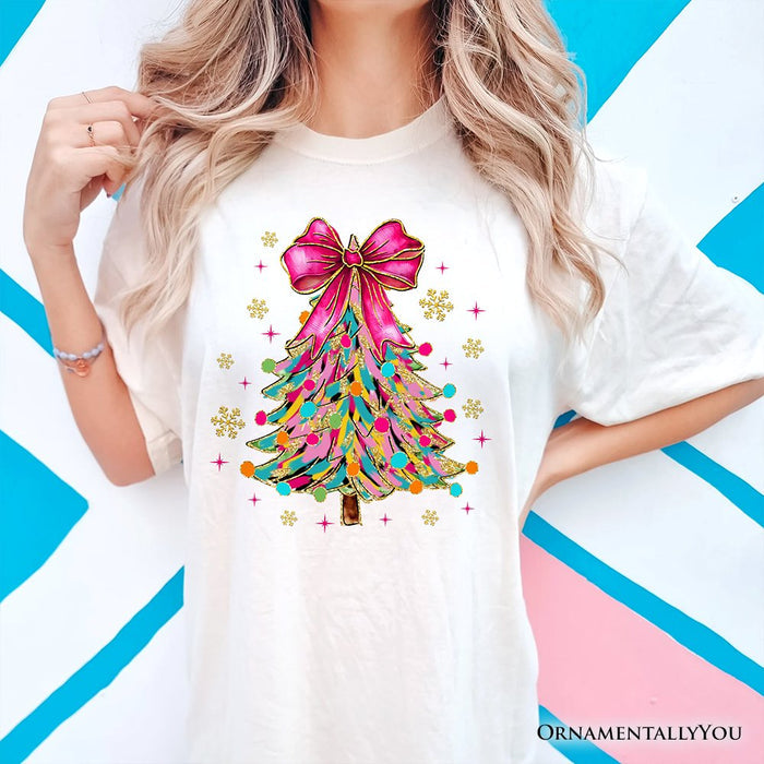 Colorful Glitter Christmas Tree Pink Bow T-Shirt, Pink Bow Coquette Holiday Tee T-Shirts OrnamentallyYou