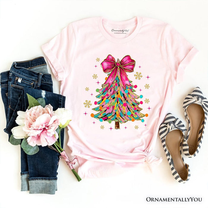 Colorful Glitter Christmas Tree Pink Bow T-Shirt, Pink Bow Coquette Holiday Tee T-Shirts OrnamentallyYou Soft Pink XS