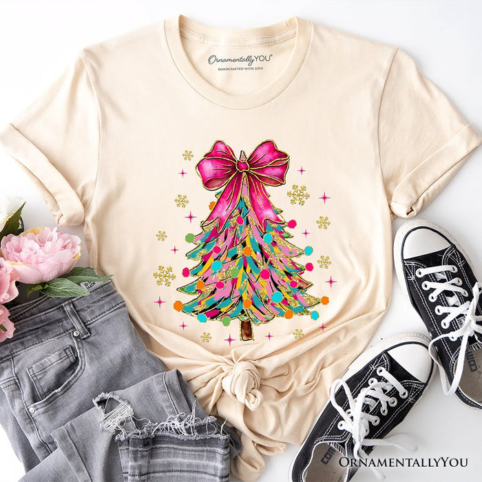 Colorful Glitter Christmas Tree Pink Bow T-Shirt, Pink Bow Coquette Holiday Tee T-Shirts OrnamentallyYou Natural XS