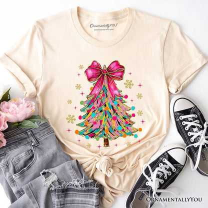 Colorful Glitter Christmas Tree Pink Bow T-Shirt, Pink Bow Coquette Holiday Tee T-Shirts OrnamentallyYou Natural XS