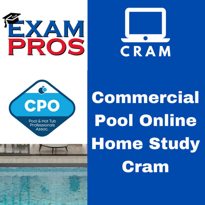 Logo collage including Exam Pros, CPO badge, laptop icon, and text Commercial Pool Online Home Study Cram over pool background