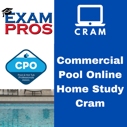 Logo collage including Exam Pros, CPO badge, laptop icon, and text Commercial Pool Online Home Study Cram over pool background