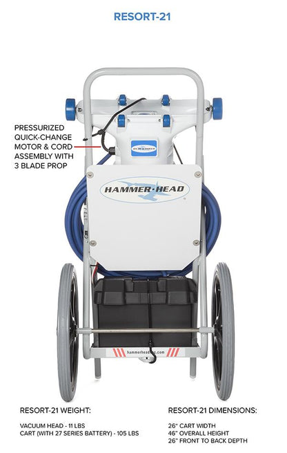 Front view of Hammer Head Resort-21 pool vacuum with battery cart, hose, and pressurized quick-change motor assembly