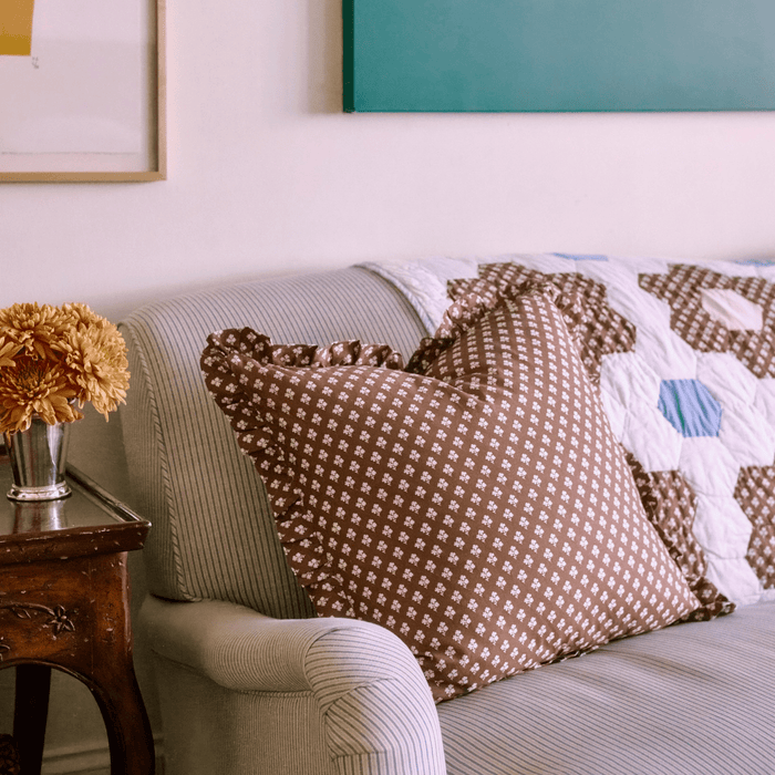 Constance Chocolate Ruffled Throw Pillow by Trudie — 20″ × 20″