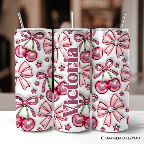 Coquette Cherry Bows 3D Inflated Tumbler With Lid and Stainless Steel Straw, Spring Floral Travel Mug Gift Tumbler OrnamentallyYou Customized