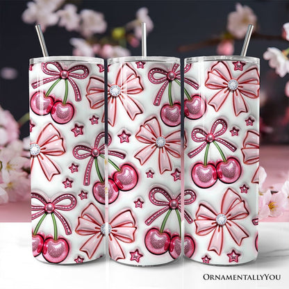 Coquette Cherry Bows 3D Inflated Tumbler With Lid and Stainless Steel Straw, Spring Floral Travel Mug Gift Tumbler OrnamentallyYou Non-Customized