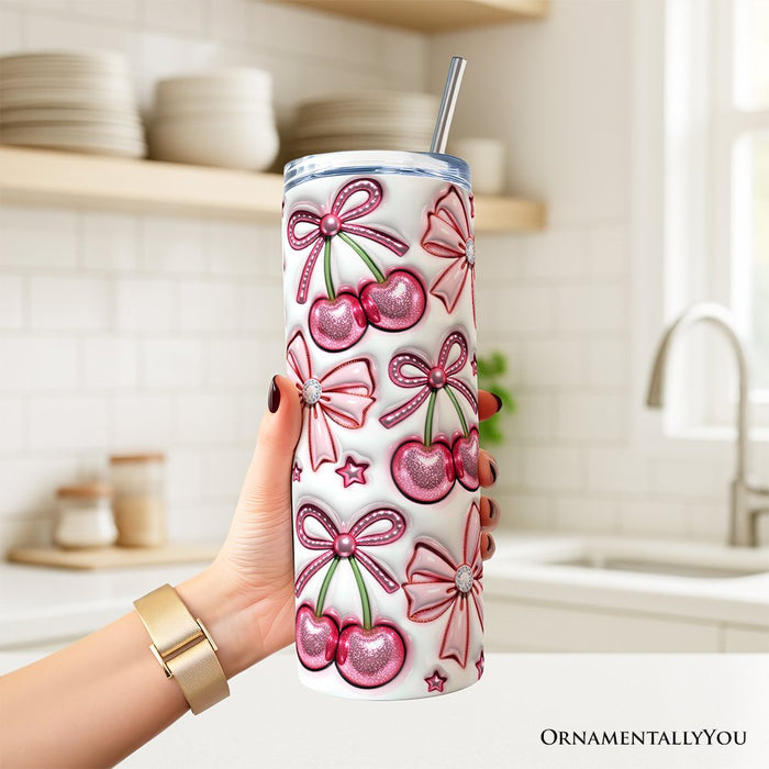 Coquette Cherry Bows 3D Inflated Tumbler With Lid and Stainless Steel Straw, Spring Floral Travel Mug Gift Tumbler OrnamentallyYou
