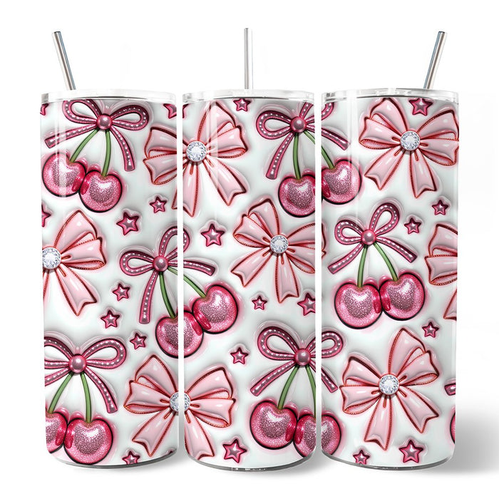Coquette Cherry Bows 3D Inflated Tumbler With Lid and Stainless Steel Straw, Spring Floral Travel Mug Gift Tumbler OrnamentallyYou
