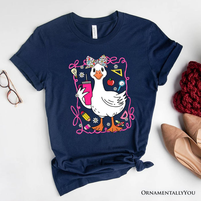 Coquette Teacher Goose T-Shirt, Funny Classroom Tee for Educators T-Shirts OrnamentallyYou Navy XS