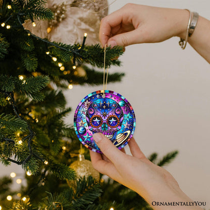 Cosmic Celestial Sugar Skull Ornament, Stellar Christmas Gift and Decor Ceramic Ornament OrnamentallyYou