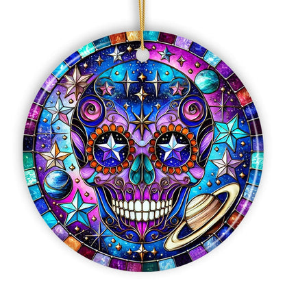 Cosmic Celestial Sugar Skull Ornament, Stellar Christmas Gift and Decor Ceramic Ornament OrnamentallyYou