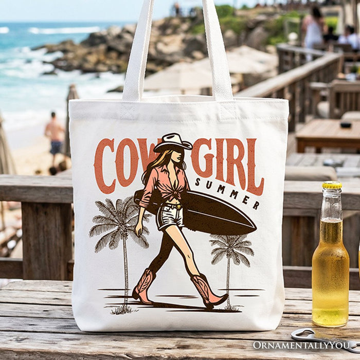 Cowgirl Summer Surf Tote Bag, Retro Western Beach Gift Shopper for Free-Spirited Women Tote Bag OrnamentallyYou White