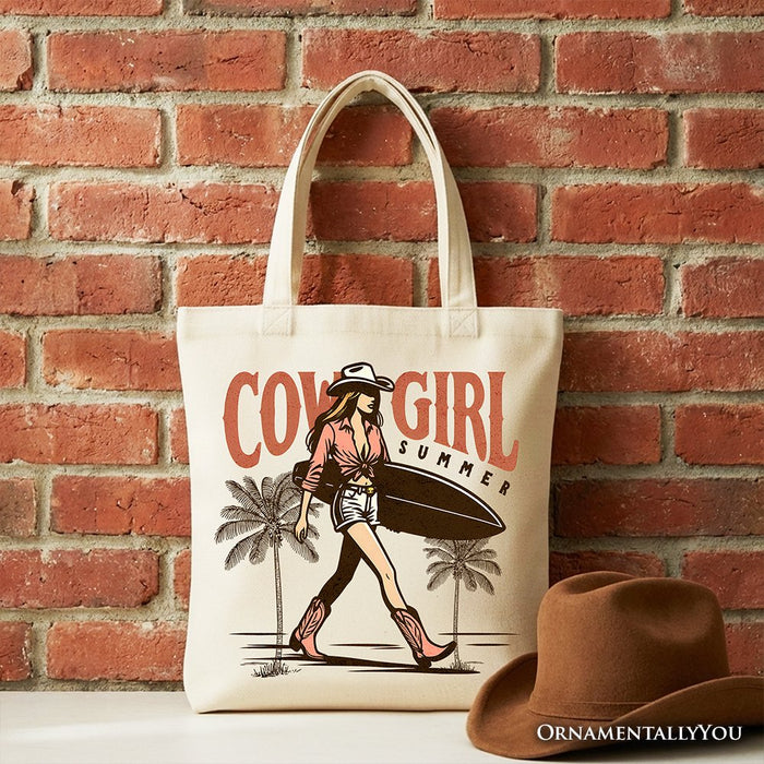 Cowgirl Summer Surf Tote Bag, Retro Western Beach Gift Shopper for Free-Spirited Women Tote Bag OrnamentallyYou Beige