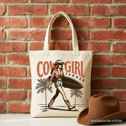 Cowgirl Summer Surf Tote Bag, Retro Western Beach Gift Shopper for Free-Spirited Women Tote Bag OrnamentallyYou Beige