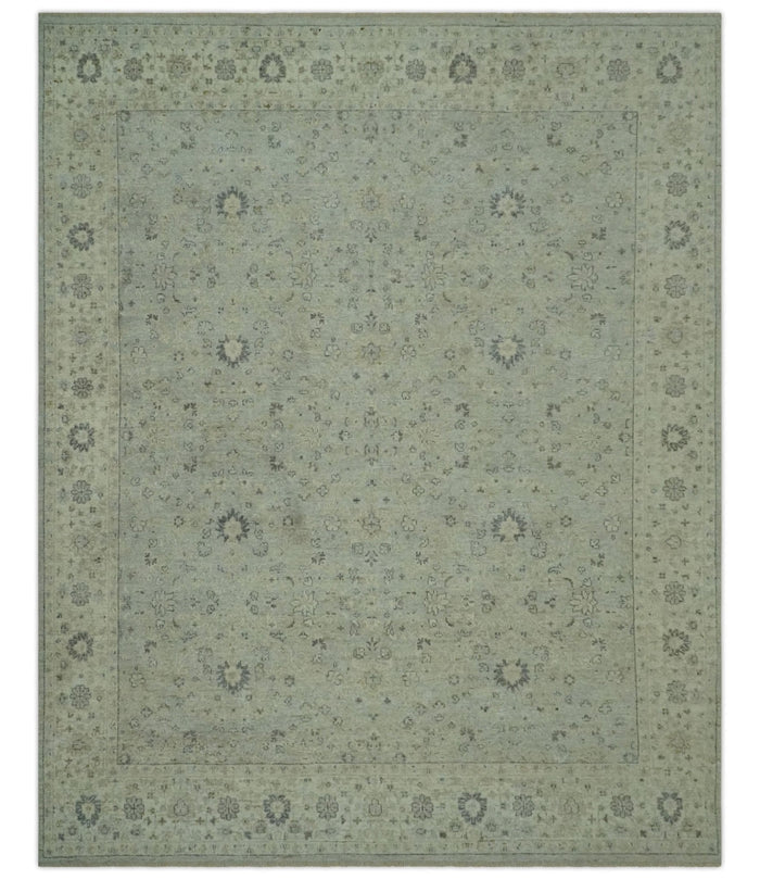 Custom Made Distress Finished Beige, Silver and Charcoal Traditional Wool Rug