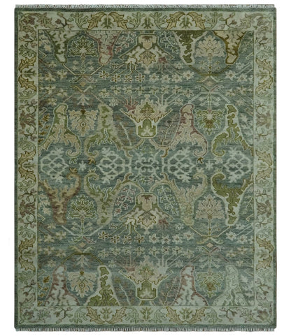 Custom Made Gray, Silver and Green Hand Knotted Traditional Large Design wool area rug