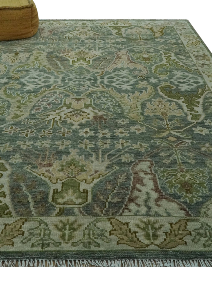 Custom Made Gray, Silver and Green Hand Knotted Traditional Large Design wool area rug