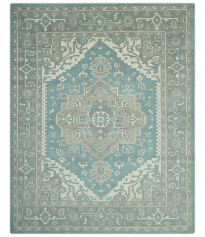Custom Made Hand Knotted Blue, Ivory, Camel and Gray Traditional Heriz wool rug