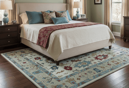 Custom Made Traditional Oushak Blue And Beige Hand Tufted Wool Rug