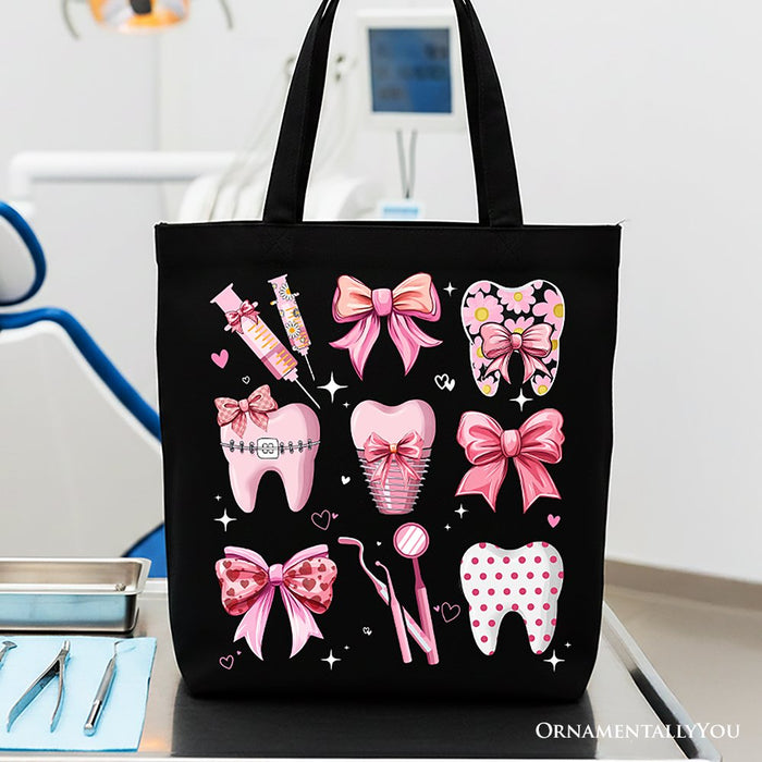 Dental Squad Coquette Canvas Tote Bag, Pink Teeth Dentist Life Bow Gift Shopper Tote Bag OrnamentallyYou Black