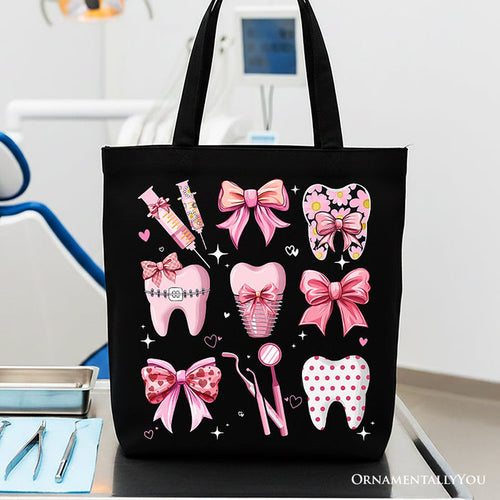Dental Squad Coquette Canvas Tote Bag, Pink Teeth Dentist Life Bow Gift Shopper Tote Bag OrnamentallyYou Black
