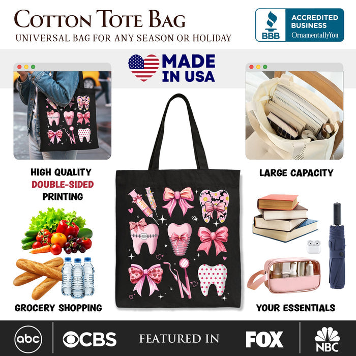 Dental Squad Coquette Canvas Tote Bag, Pink Teeth Dentist Life Bow Gift Shopper Tote Bag OrnamentallyYou