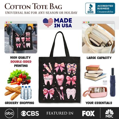 Dental Squad Coquette Canvas Tote Bag, Pink Teeth Dentist Life Bow Gift Shopper Tote Bag OrnamentallyYou