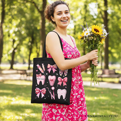 Dental Squad Coquette Canvas Tote Bag, Pink Teeth Dentist Life Bow Gift Shopper Tote Bag OrnamentallyYou