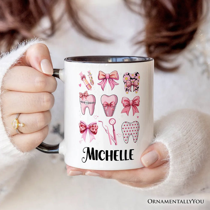 Dental Squad Coquette Personalized Mug, Pink Teeth Dentist Life Bow Gift with Custom Name Personalized Ceramic Mug OrnamentallyYou
