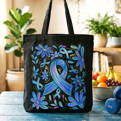 Diabetes Blue Ribbon Floral Tote Bag, Awareness Support Gift Shopper Tote Bag OrnamentallyYou Black
