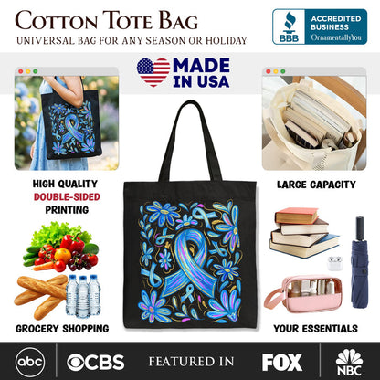 Diabetes Blue Ribbon Floral Tote Bag, Awareness Support Gift Shopper Tote Bag OrnamentallyYou