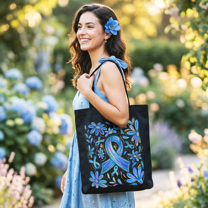 Diabetes Blue Ribbon Floral Tote Bag, Awareness Support Gift Shopper Tote Bag OrnamentallyYou