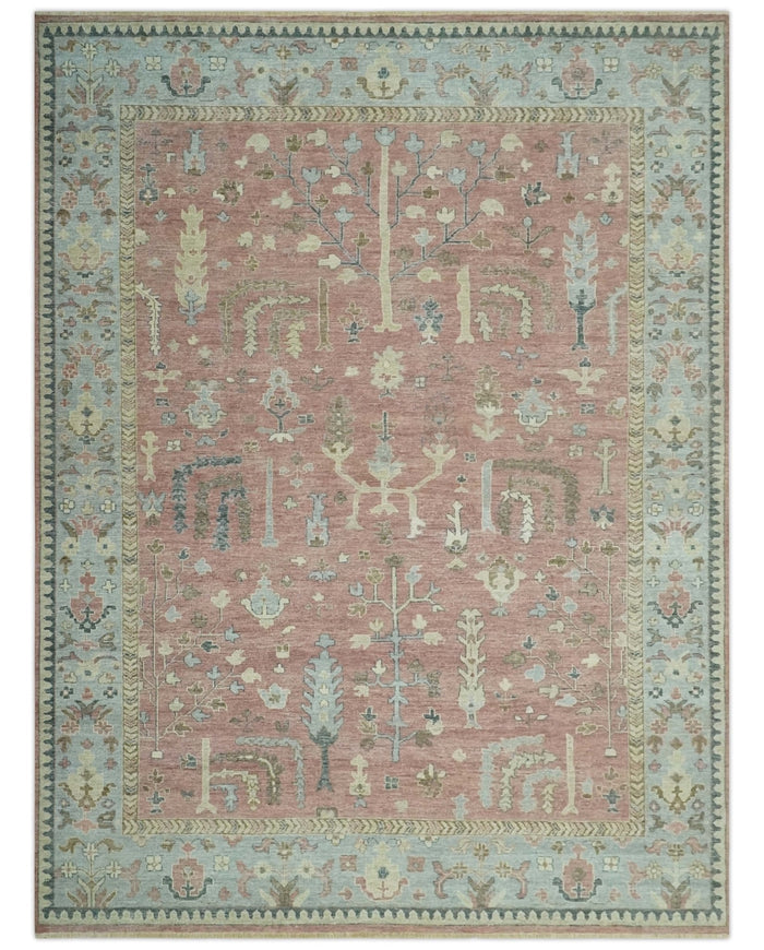 Distress Finished Tree of Life Hand Knotted Rust and Blue Custom Made Wool Rug