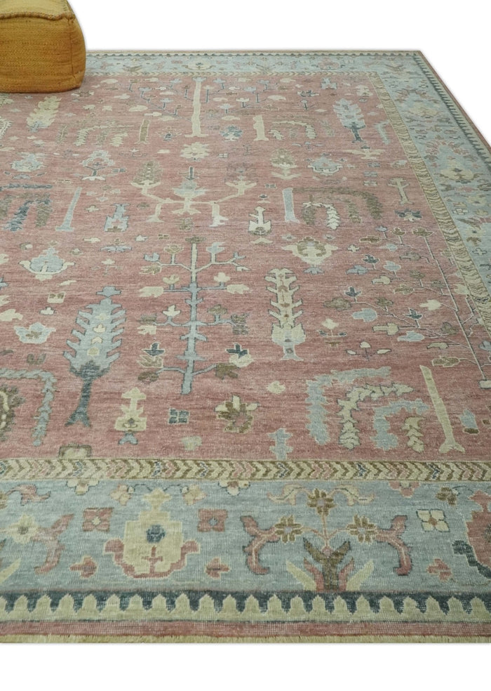 Distress Finished Tree of Life Hand Knotted Rust and Blue Custom Made Wool Rug