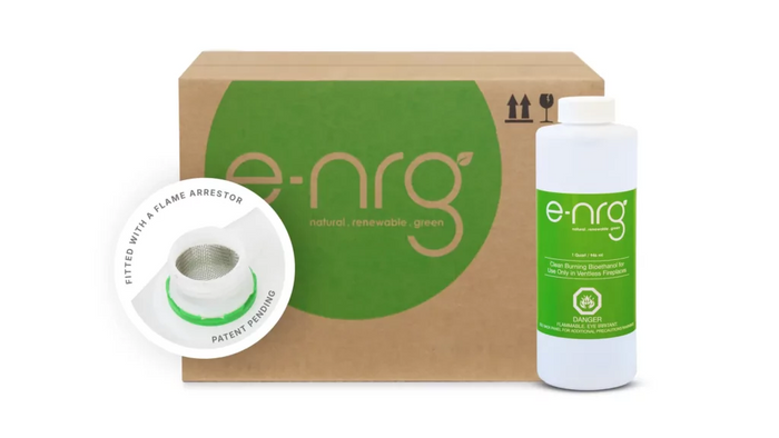 e-NRG bioethanol fuel in quart-size bottles for ventless fireplaces