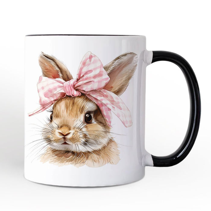 Easter Bunny Coquette Pink Bow Personalized Mug, Cute Watercolor Spring Gift with Custom Name Personalized Ceramic Mug OrnamentallyYou Black Handle Non-Custom