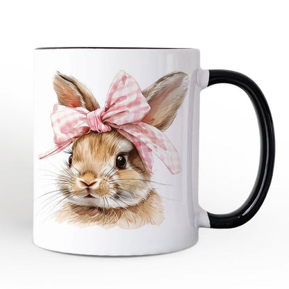 Easter Bunny Coquette Pink Bow Personalized Mug, Cute Watercolor Spring Gift with Custom Name Personalized Ceramic Mug OrnamentallyYou Black Handle Non-Custom