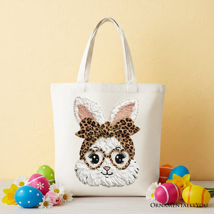 Easter Bunny Leopard Bow Tote Bag, Coquette Printed Faux Embroidery Girly Spring Gift Shopper Tote Bag OrnamentallyYou White