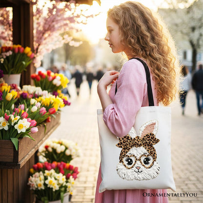 Easter Bunny Leopard Bow Tote Bag, Coquette Printed Faux Embroidery Girly Spring Gift Shopper Tote Bag OrnamentallyYou