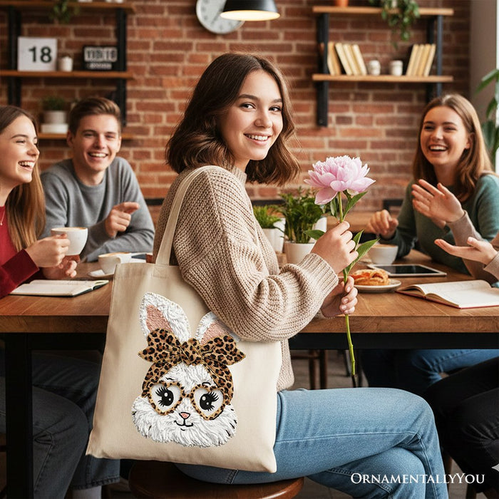 Easter Bunny Leopard Bow Tote Bag, Coquette Printed Faux Embroidery Girly Spring Gift Shopper Tote Bag OrnamentallyYou