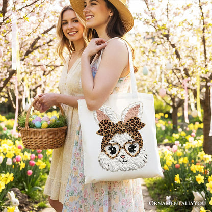 Easter Bunny Leopard Bow Tote Bag, Coquette Printed Faux Embroidery Girly Spring Gift Shopper Tote Bag OrnamentallyYou