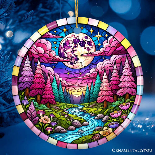 Enchanted Forest Glow Pink Themed Ornament, Mystical Moonlit Landscape Gift and Decor Ceramic Ornament OrnamentallyYou Circle