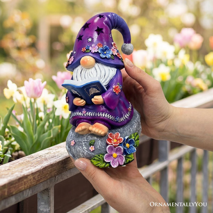 Enchanted Wisdom Solar Book Reader Gnome Figurine, 8" Lighted Lavender Purple Garden Statue Resin Statues OrnamentallyYou