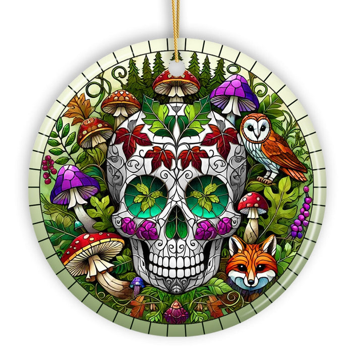 Enchanted Woodland Sugar Skull Ornament, Mystical Forest Christmas Gift and Decor Ceramic Ornament OrnamentallyYou